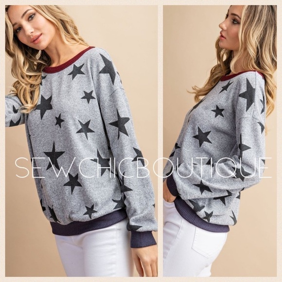 Last! Heather Gray Star Print Knit Top w/ Contrast Trim - Picture 4 of 6